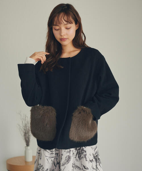 セール】◇ポケットファーノーカラーコート2（ノーカラーコート