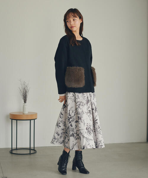 Bluelea ブルレア　ファーポケットコート ノーカラーコート グレー セール】◇ポケットファーノーカラーコート2（ノーカラーコート