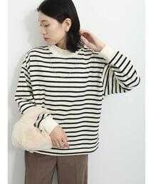 Samansa Mos2 blue | 裏起毛ボーダーハイネックプルオーバー(Tシャツ/カットソー)