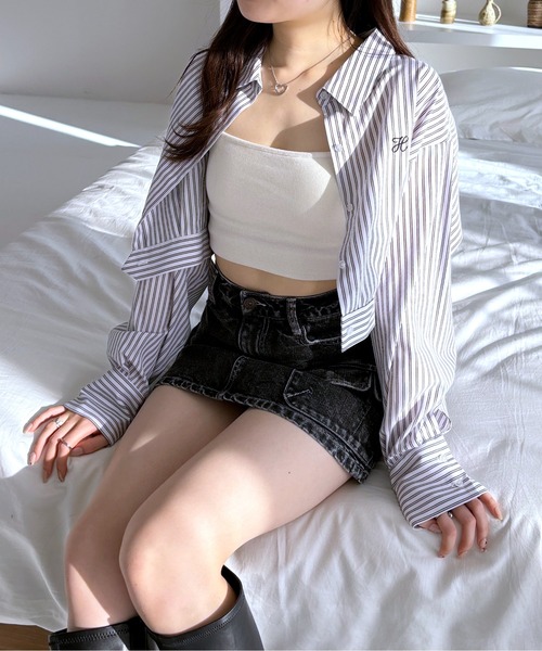 ブラウス シャツ バイオウォッシュ加工ショートシャツ レディース Heather ブラウス シャツ カットオフショートシャツ 105013