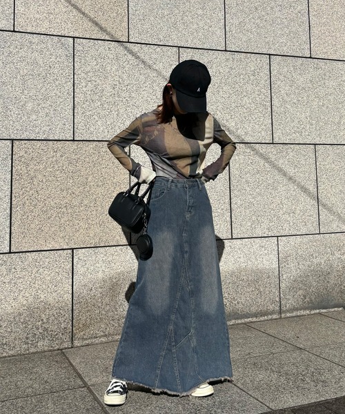 ISOOK（アイスー）の「【ISOOK / アイスー】カットオフロングデニムスカート / ダメージ ヴィンテージ フレア スリット ハイウエスト ローライズ ZOZOTOWN限定（デニムスカート・レディース・ブルー・M/S）」の5枚目の写真