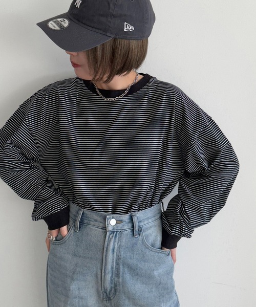 apres jour mignon（アプレジュールミニョン）の「アソートリンガーボーダーロンＴ【ZOZOTOWN限定アイテム】（Tシャツ/カットソー・レディース・ネイビー/ブラック/チャコールグレー/ブルー/イエロー/グリーン/アイボリー/ピンク/ホワイト系その他2・X-LARGE/フリー）」の4枚目の写真