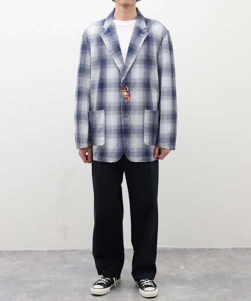 NOMA t.d.（ノーマティーディー）の「【NOMA T.D. / ノ－マ・ティー・ディー】OMBRE PLAID JACKET WITH BEADING（テーラードジャケット・メンズ・ネイビー・3/4）」の2枚目の写真