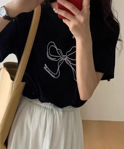 Sibra(シブラ)の「リボンプリントTシャツ(Tシャツ/カットソー・レディース・ブラック/ホワイト・M)」の7枚目の写真