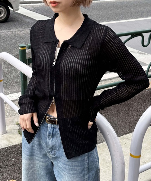 tiptop（ティップトップ）の「【web限定アイテム】ラメシアー衿付きダブルジップカーディガン（カーディガン/ボレロ・レディース・イエロー/ブラック/グレー/ブラウン/チャコールグレー/ネイビー・FREE）」の5枚目の写真