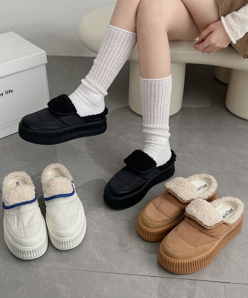 セール】軽量厚底プラットフォーム リブソール ボア スリッポン