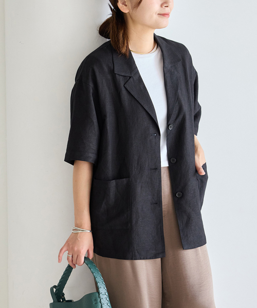 JOURNAL STANDARD（ジャーナルスタンダード）の「レーヨン麻ハーフスリーブシャツジャケット（その他アウター・レディース・ブラック/ブラック系その他・FREE）」の2枚目の写真