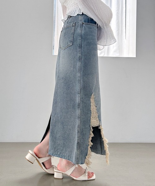 ロングデニムスカート Heather（ヘザー）の「ダメージデニムロングスカート 137983