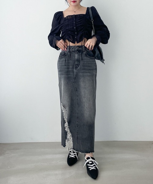 ロングデニムスカート Heather（ヘザー）の「ダメージデニムロングスカート 137983