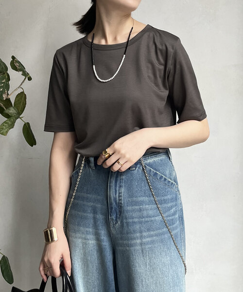 DouDou（ドゥドゥ）の「ベーシック5分袖TEE（Tシャツ/カットソー・レディース・ライトグレー/ブラウン/ブラック/オフホワイト/チャコールグレー・FREE）」の10枚目の写真