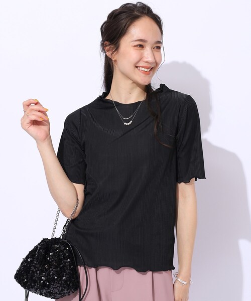Cutie Blonde（キューティーブロンド）の「【洗える】スマートに女性らしさが光る　ランダムリブトップス（シャツ/ブラウス・レディース・ブラック/ホワイト系/ブルー・03/04/02）」の2枚目の写真