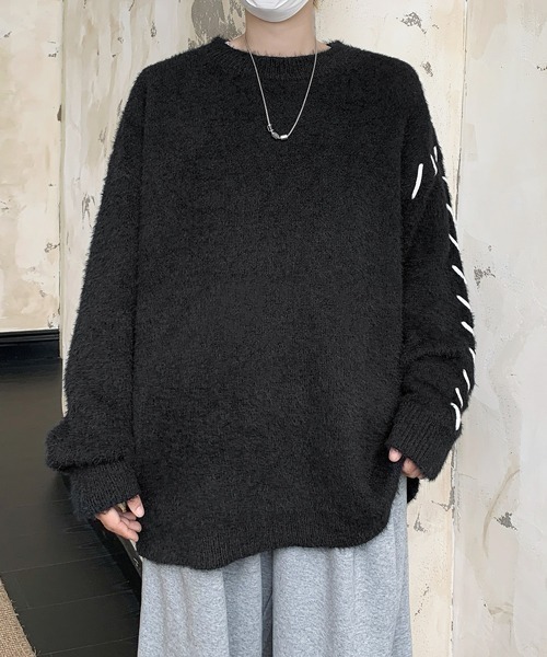 セール】【FVLMEN】hand stitch shaggy knit pullover/ハンドステッチ