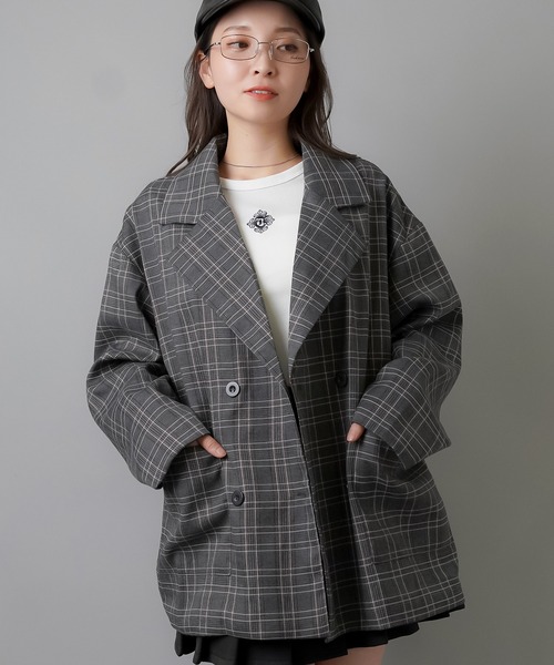 SPINNS（スピンズ）の「チェックダブルテーラードジャケット（テーラードジャケット・レディース・ブラック系その他/ブラウン系その他・ONESIZE）」の4枚目の写真