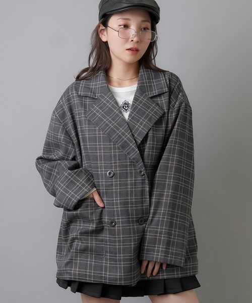 SPINNS（スピンズ）の「チェックダブルテーラードジャケット（テーラードジャケット・レディース・ブラック系その他/ブラウン系その他・ONESIZE）」の5枚目の写真