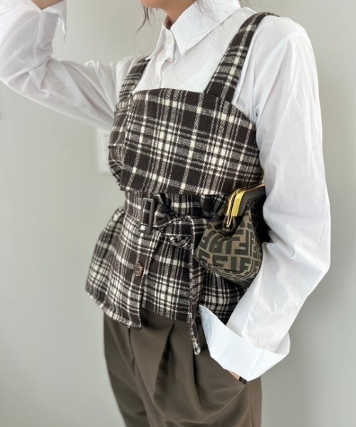 アンサンブル ipugo/イプゴ ベルト付きチェック柄ビスチェ シャツ セット ipugo アンサンブル ipugo/イプゴ ベルト付きチェック柄ビスチェ