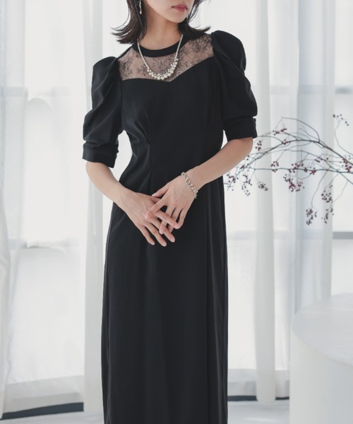 セール】デコルテレースペンシルドレス 結婚式お呼ばれワンピース