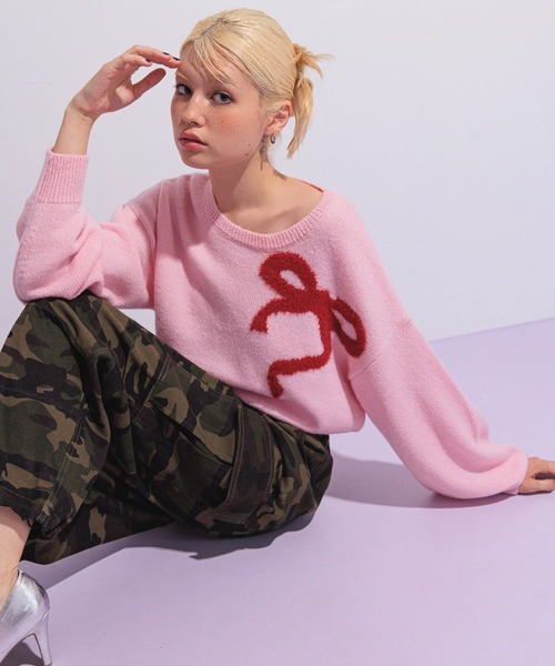 FOREVER 21（フォーエバー トゥエンティーワン）の「【2024FW】リボンジャガードニット（ニット/セーター・レディース・グレー/ピンク/ライトブルー/ブラック/レッド/ナチュラル・FREE）」の7枚目の写真