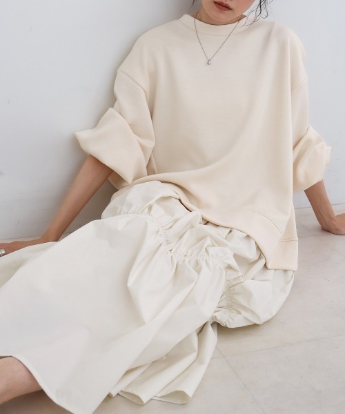 セール】【Sサイズあり】異素材ドッキングギャザーワンピース