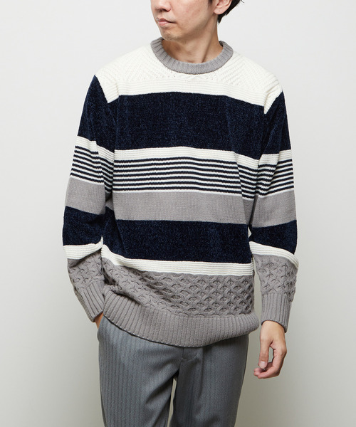 MEN'S MELROSE(メンズメルローズ)の「【MASTER FRAME/マスターフレーム】モール切り替えランダムボーダーニット(ニット/セーター・メンズ・ナチュラル/ブラウン/ネイビー・3/4)」の3枚目の写真