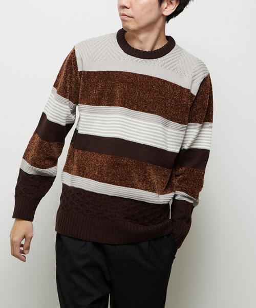 MEN'S MELROSE(メンズメルローズ)の「【MASTER FRAME/マスターフレーム】モール切り替えランダムボーダーニット(ニット/セーター・メンズ・ナチュラル/ブラウン/ネイビー・3/4)」の1枚目の写真