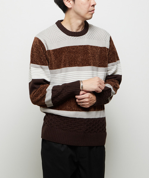 MEN'S MELROSE(メンズメルローズ)の「【MASTER FRAME/マスターフレーム】モール切り替えランダムボーダーニット(ニット/セーター・メンズ・ナチュラル/ブラウン/ネイビー・3/4)」の4枚目の写真