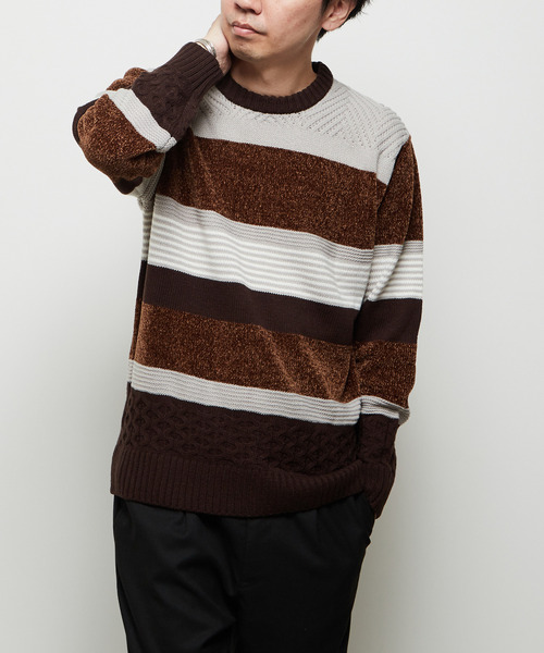 MEN'S MELROSE(メンズメルローズ)の「【MASTER FRAME/マスターフレーム】モール切り替えランダムボーダーニット(ニット/セーター・メンズ・ナチュラル/ブラウン/ネイビー・3/4)」の5枚目の写真