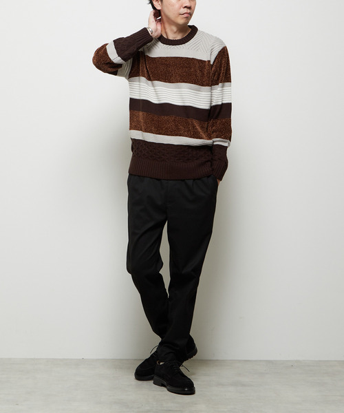 MEN'S MELROSE(メンズメルローズ)の「【MASTER FRAME/マスターフレーム】モール切り替えランダムボーダーニット(ニット/セーター・メンズ・ナチュラル/ブラウン/ネイビー・3/4)」の6枚目の写真