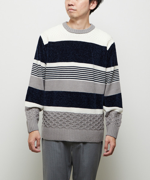 MEN'S MELROSE(メンズメルローズ)の「【MASTER FRAME/マスターフレーム】モール切り替えランダムボーダーニット(ニット/セーター・メンズ・ナチュラル/ブラウン/ネイビー・3/4)」の10枚目の写真