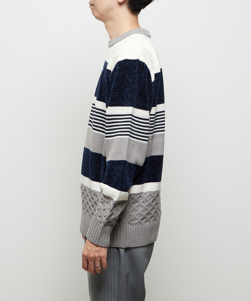MEN'S MELROSE(メンズメルローズ)の「【MASTER FRAME/マスターフレーム】モール切り替えランダムボーダーニット(ニット/セーター・メンズ・ナチュラル/ブラウン/ネイビー・3/4)」の11枚目の写真
