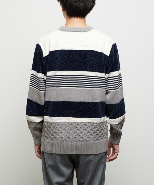 MEN'S MELROSE(メンズメルローズ)の「【MASTER FRAME/マスターフレーム】モール切り替えランダムボーダーニット(ニット/セーター・メンズ・ナチュラル/ブラウン/ネイビー・3/4)」の12枚目の写真