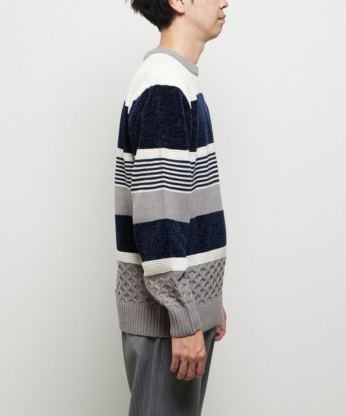 MEN'S MELROSE(メンズメルローズ)の「【MASTER FRAME/マスターフレーム】モール切り替えランダムボーダーニット(ニット/セーター・メンズ・ナチュラル/ブラウン/ネイビー・3/4)」の13枚目の写真