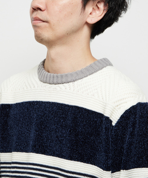 MEN'S MELROSE(メンズメルローズ)の「【MASTER FRAME/マスターフレーム】モール切り替えランダムボーダーニット(ニット/セーター・メンズ・ナチュラル/ブラウン/ネイビー・3/4)」の14枚目の写真