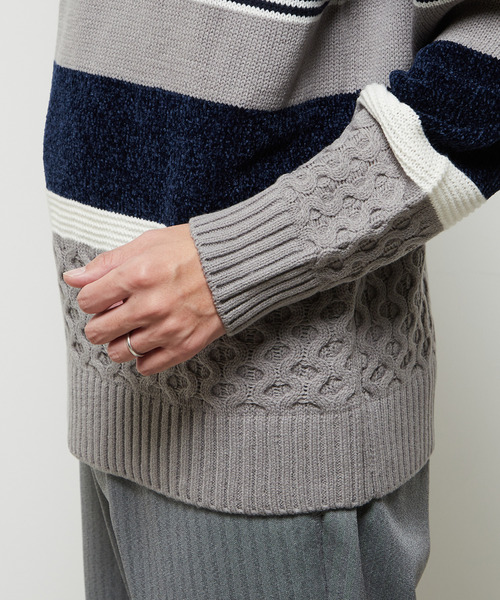 MEN'S MELROSE(メンズメルローズ)の「【MASTER FRAME/マスターフレーム】モール切り替えランダムボーダーニット(ニット/セーター・メンズ・ナチュラル/ブラウン/ネイビー・3/4)」の15枚目の写真