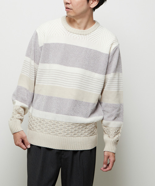 MEN'S MELROSE(メンズメルローズ)の「【MASTER FRAME/マスターフレーム】モール切り替えランダムボーダーニット(ニット/セーター・メンズ・ナチュラル/ブラウン/ネイビー・3/4)」の22枚目の写真