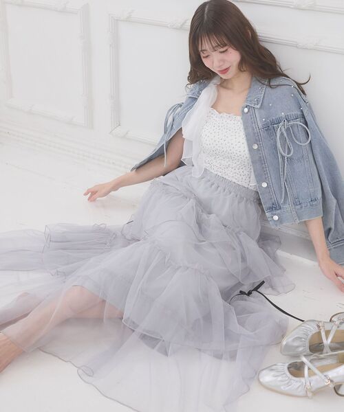 MAJESTIC LEGON（マジェスティックレゴン）の「チュールギャザーティアードスカート（スカート・レディース・ブラック/グレー/アイボリー/チャコールグレー/ピンクベージュ/ホワイト系その他/ブラック系その他・MEDIUM/SMALL/X-SMALL）」の6枚目の写真