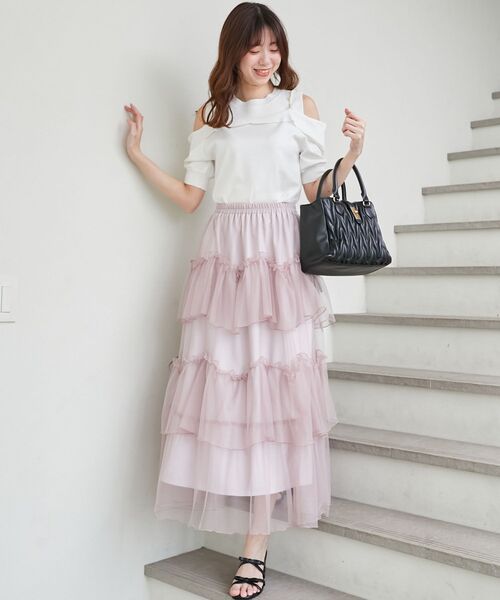 MAJESTIC LEGON（マジェスティックレゴン）の「チュールギャザーティアードスカート（スカート・レディース・ブラック/グレー/アイボリー/チャコールグレー/ピンクベージュ/ホワイト系その他/ブラック系その他・MEDIUM/SMALL/X-SMALL）」の8枚目の写真