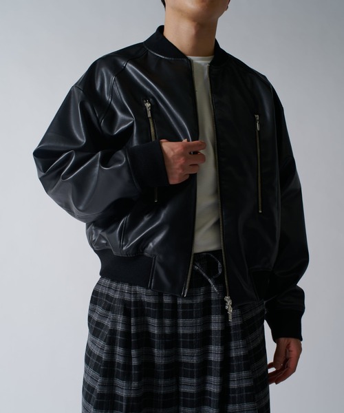 【SINSS】ルーズシンセンティックレザーブルゾン Black SINSS】ルーズシンセンティックレザーブルゾン Black