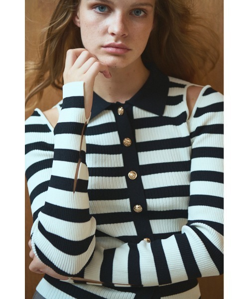 Estella.K(エステラケー)の「Ayla Cardigan カットアウトトリムリブニットプルオーバー(ニット/セーター・レディース・ブラック/ホワイト×ブラック/ホワイト・FREE)」の18枚目の写真