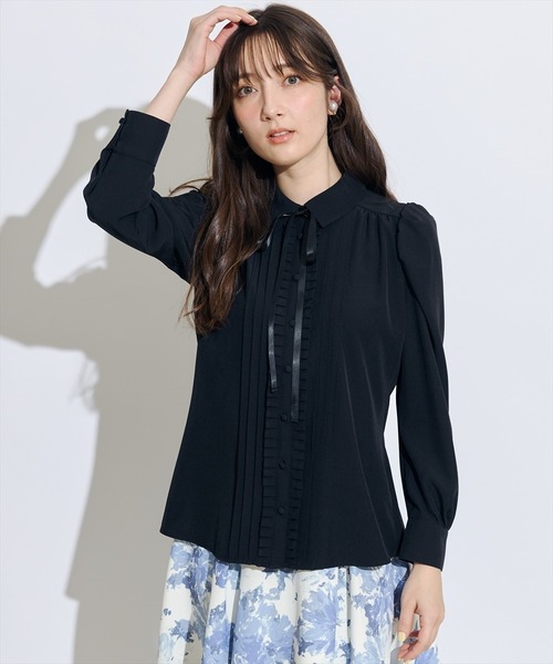 【10％OFF】 ピンタックプリーツ配色ナローリボンブラウス（シャツ/ブラウス トップス