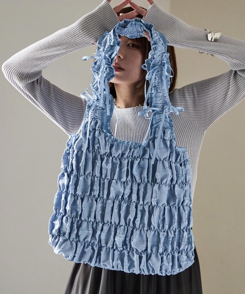 Fashion Letter（ファッションレター）の「リボンフリルトートバッグ（トートバッグ・レディース・ブルー/アイボリー/ブラック・FREE）」の3枚目の写真