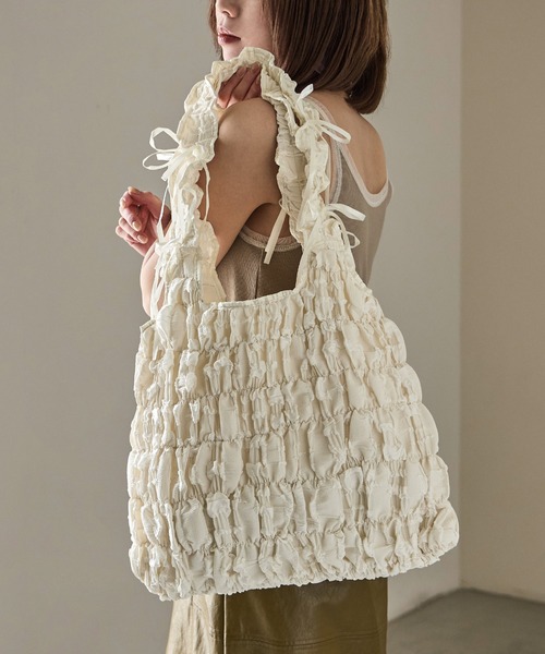 Fashion Letter（ファッションレター）の「リボンフリルトートバッグ（トートバッグ・レディース・ブルー/アイボリー/ブラック・FREE）」の12枚目の写真