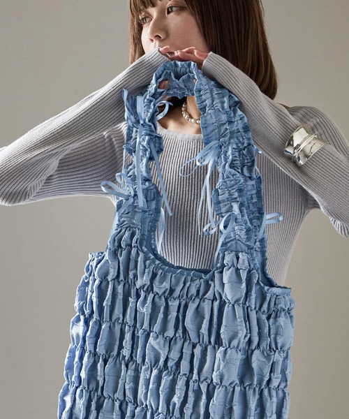 Fashion Letter（ファッションレター）の「リボンフリルトートバッグ（トートバッグ・レディース・ブルー/アイボリー/ブラック・FREE）」の8枚目の写真