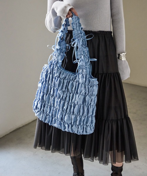 Fashion Letter（ファッションレター）の「リボンフリルトートバッグ（トートバッグ・レディース・ブルー/アイボリー/ブラック・FREE）」の7枚目の写真