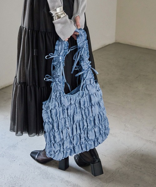 Fashion Letter（ファッションレター）の「リボンフリルトートバッグ（トートバッグ・レディース・ブルー/アイボリー/ブラック・FREE）」の6枚目の写真