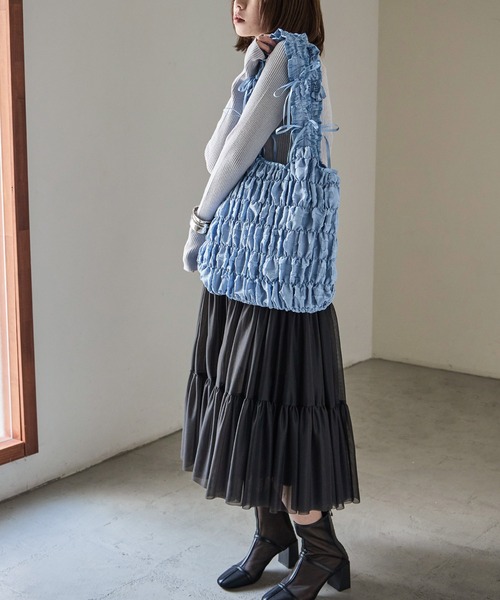 Fashion Letter（ファッションレター）の「リボンフリルトートバッグ（トートバッグ・レディース・ブルー/アイボリー/ブラック・FREE）」の5枚目の写真