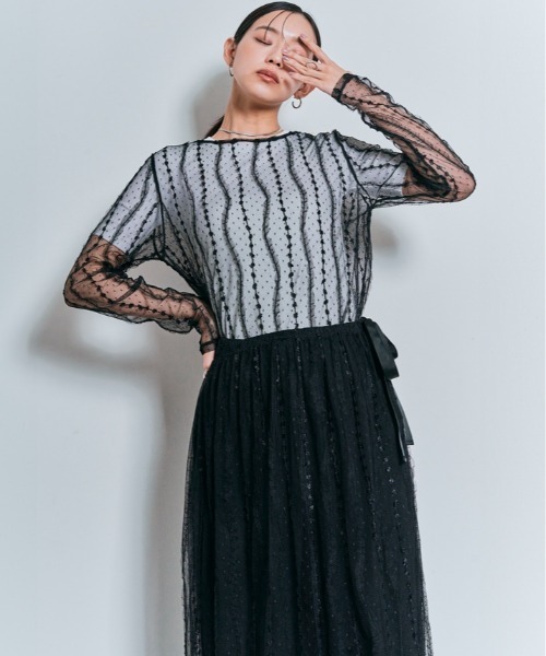 W:Huku（フーク）の「ドビーレース 花柄刺繍 メッシュ トップス（Tシャツ/カットソー・レディース・ブラック/ホワイト・M/L）」の15枚目の写真