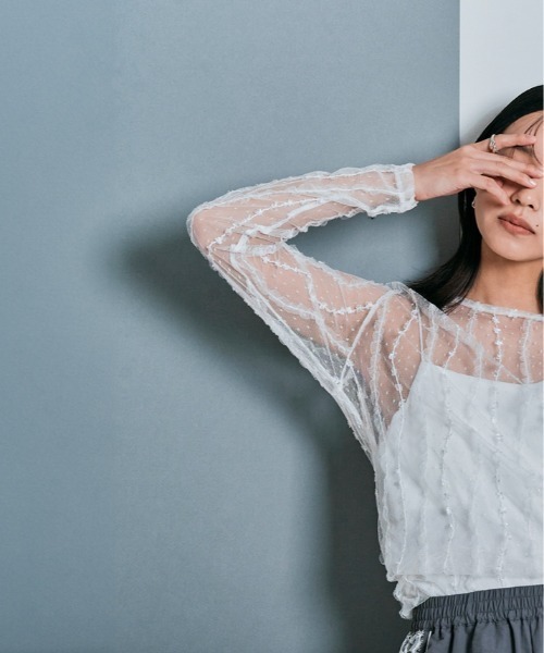 セール】ドビーレース 花柄刺繍 メッシュ トップス（Tシャツ