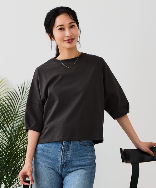 fort point(フォーポイント)の「【汗染みの目立ちにくいTシャツ ZEROSTAIN/ゼロステイン】バルーン袖Tシャツ 撥水・防汚加工 バルーンスリーブ 脇汗対策 大人カジュアル(Tシャツ/カットソー・レディース・スミクロ/ダークグリーン/ブラック/ホワイト/パープル・LARGE/MEDIUM)」の1枚目の写真