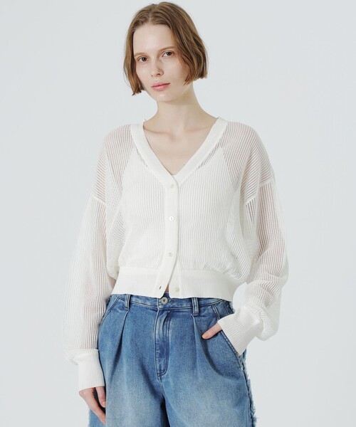 LOVELESS（ラブレス）の「メッシュニットカーディガン（カーディガン/ボレロ・レディース・オフホワイト/チャコールグレー/グリーン系その他3/オレンジ系その他/ブルー系その他2・36）」の2枚目の写真