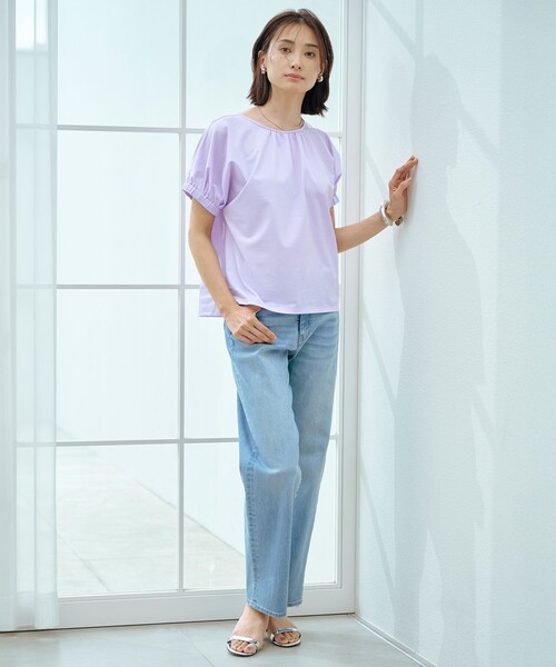 J.PRESS Ladies(J.プレス レディス)の「【WEB限定カラーあり・洗える】ストライプジャージー フレンチスリーブ カットソー(Tシャツ/カットソー・レディース・ライラック系1/ネイビー系1/サックスブルー系1/ダークグリーン系1・SMALL)」の5枚目の写真